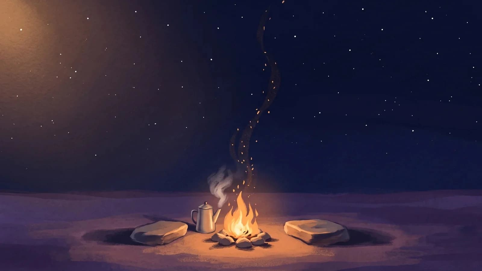 Dos piedras planas frente a frente junto a una hoguera con una tetera humeante; las chispas suben hasta fundirse con las estrellas.