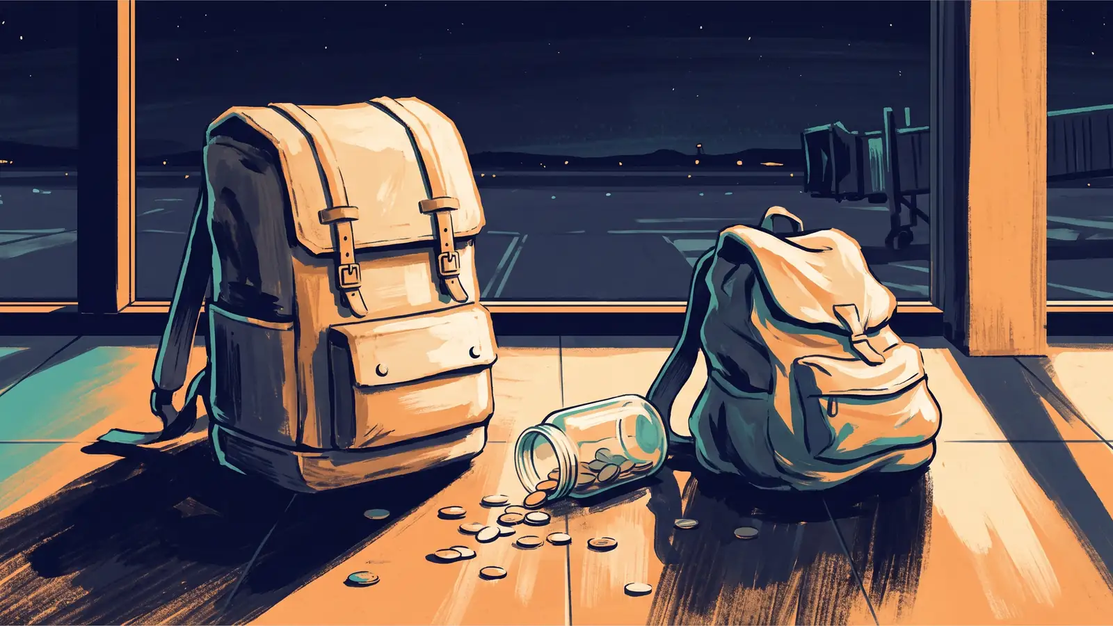 Dos mochilas muy distintas en el suelo de una terminal de aeropuerto vacía de noche, y entre ellas un frasco de vidrio volcado con las monedas desparramadas por el suelo.